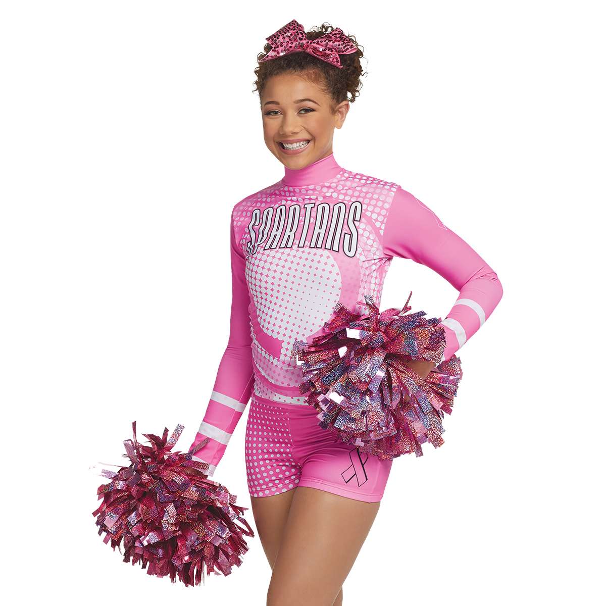 smiling cheerleader holding two 6" Solid Holographic Show Poms