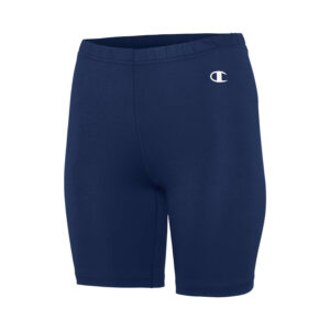 navy Champion Double Dry Compression 5" Short, front three-quarters view