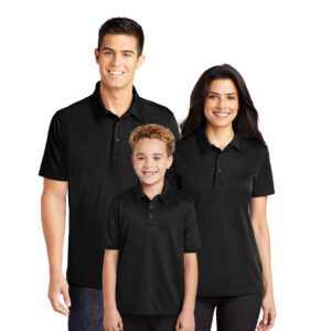 Male, female, and youth models wearing black Champion Essential Polos, front view