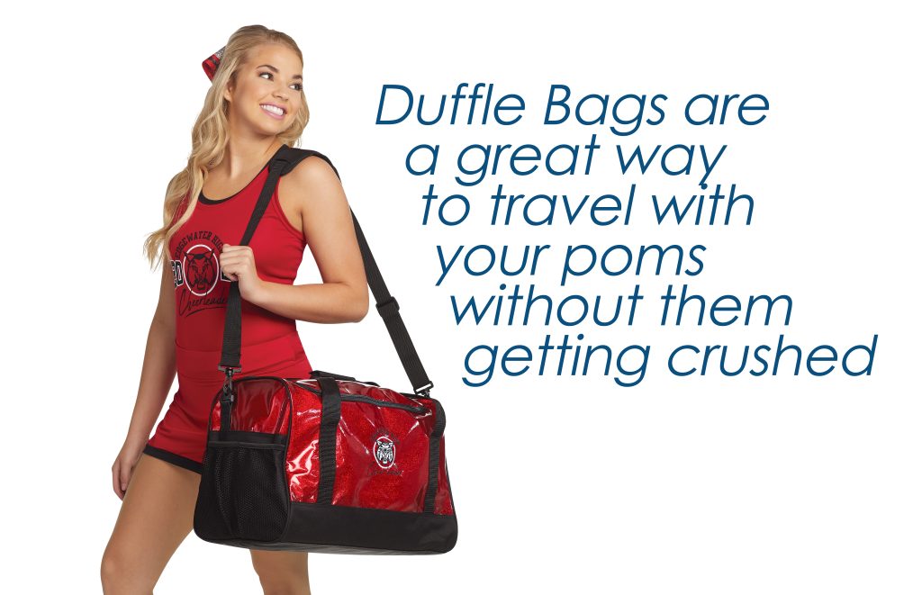 a cheerleader holding a large, red duffel bag for storing poms