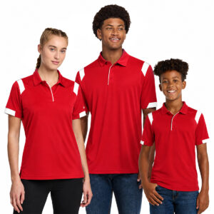 Man, woman, a child, each wearing badger red on the rise polos, front view