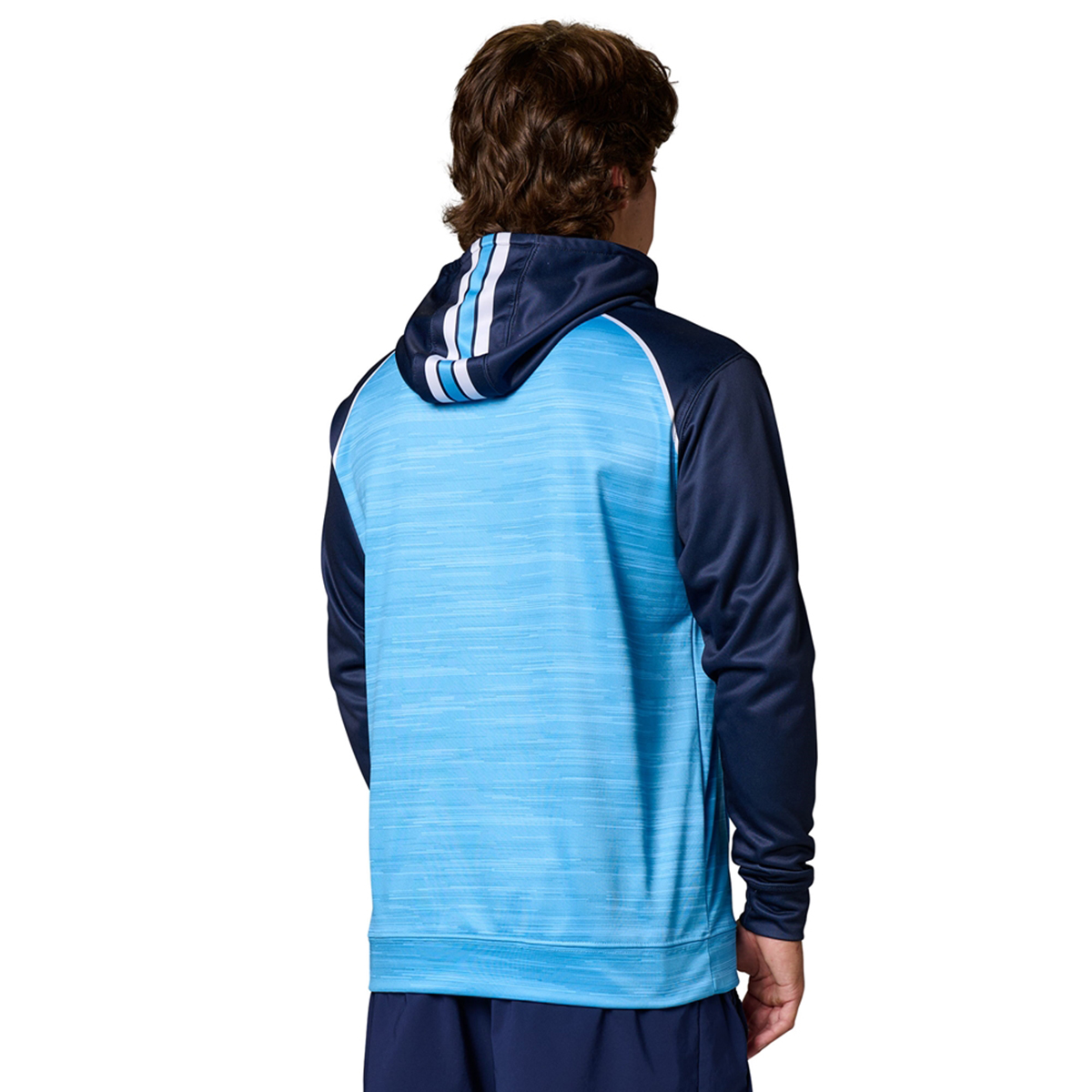 Champro JUICE sublimated hoodie in navy and light blue with white accents, back view