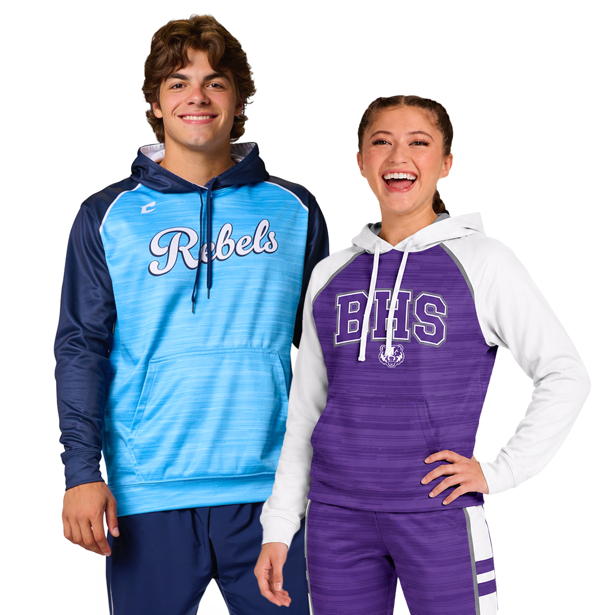 Champro JUICE sublimated hoodie in navy and light blue with white accents and purple with white accents paired with coordinating track pants