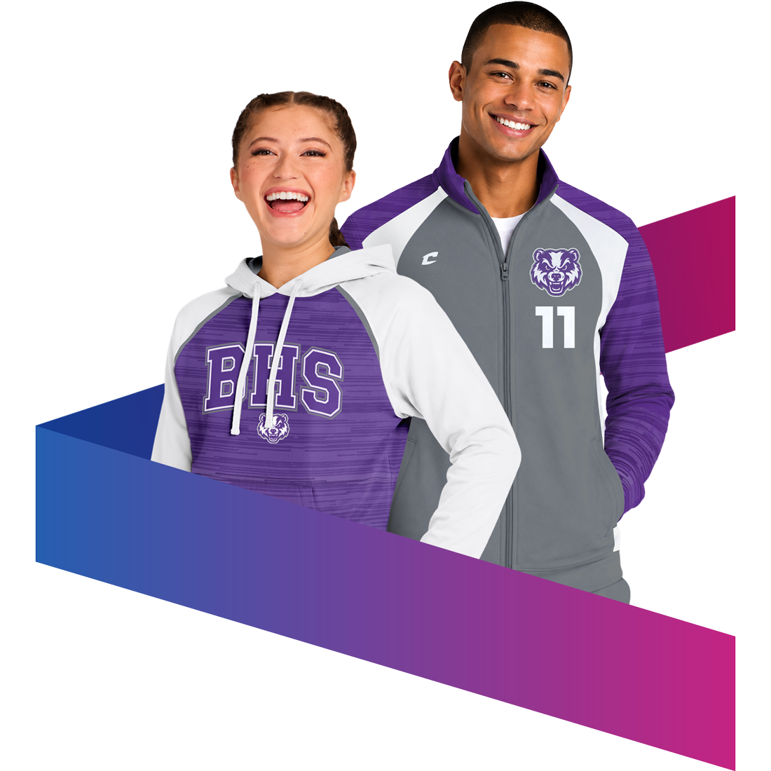 female and male dye-sublimated apparel in purple, white, and grey with a blue, purple, and pink gradient bar