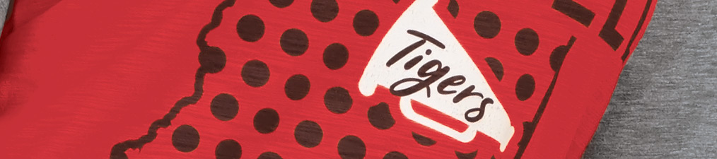 black and white digital print on a red and grey shirt