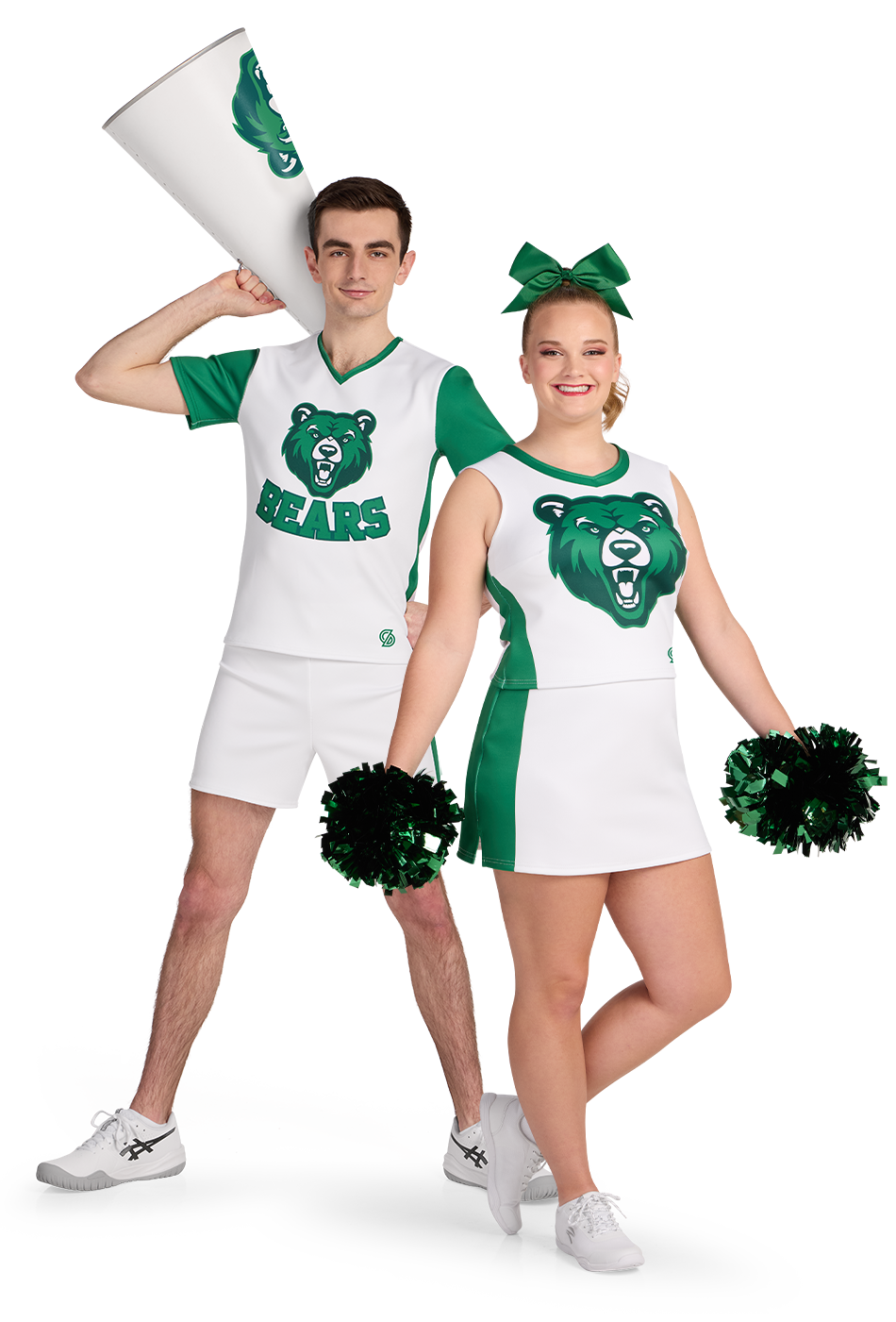 dye-sublimated cheer uniforms in white with green accents, green poms and a coordinating megaphone.