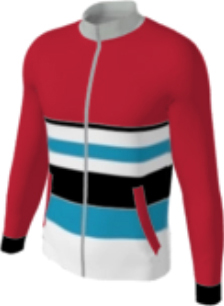 red JFZJ2 custom jacket option 005 with black, white, and turquoise accents stripes on torso, black sleeve cuffs