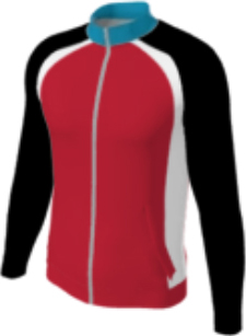 red JFZJ2 custom jacket option 0051 black raglan sleeves with curved white front panels, turquoise collar.