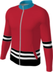 red JFZJ2 custom jacket option 0218 with white and black horizontals stripes on elbows and hem, turquoise collar.