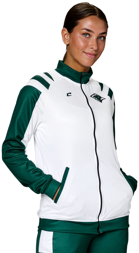 smiling model in a white and green dye-sublimated warmup set.