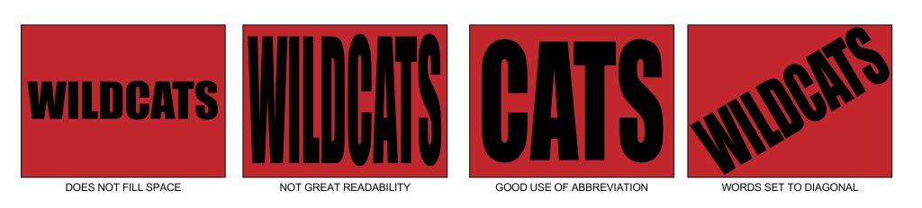 graphic demonstrating space and angles on a flip sign with the word "Wildcats" in black on a red background
