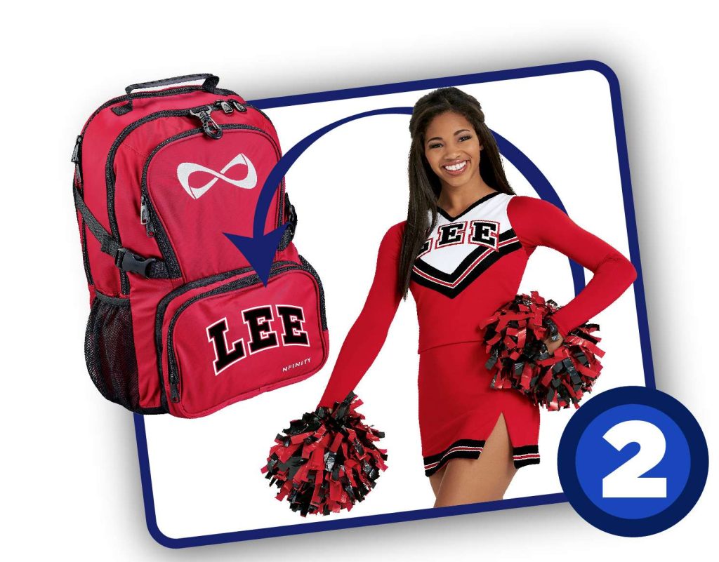 a model with a backpack demonstrating step 2, choose your decoration