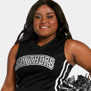 model headshot showing black uniform with front center logo. model is holding silver metallic poms.