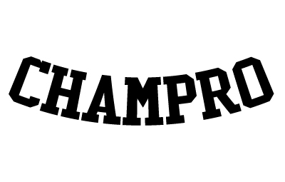 the word champro in black showing a reverse arc font layout