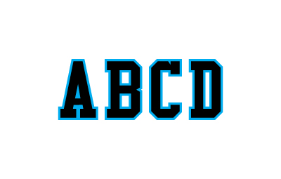 "ABC" in black with a sapphire outline