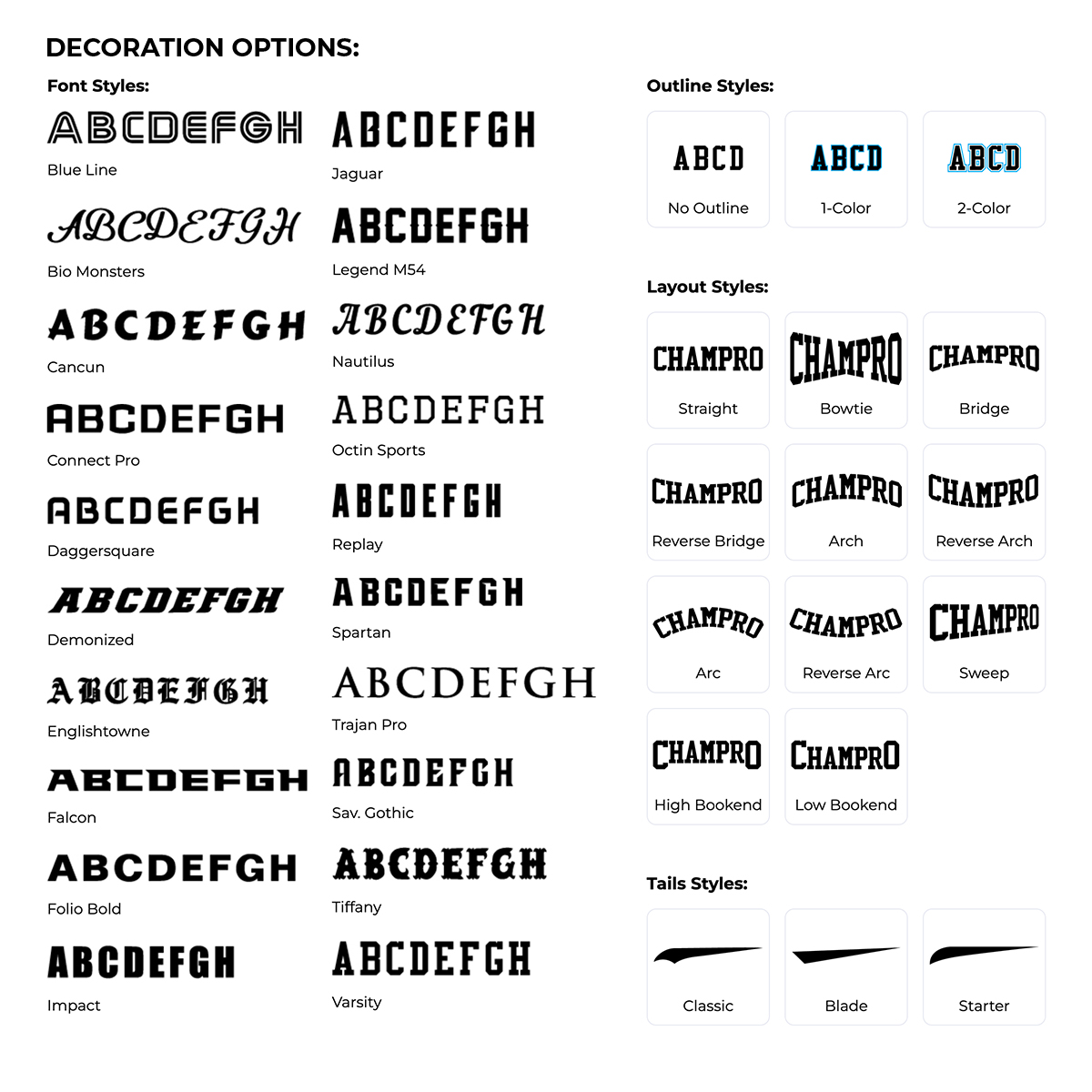 champro font options; for assistance please contact our sales team