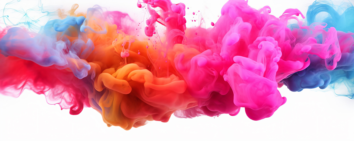 Vibrant splash of pink, orange, blue ink in water as a backdrop for a dancer.