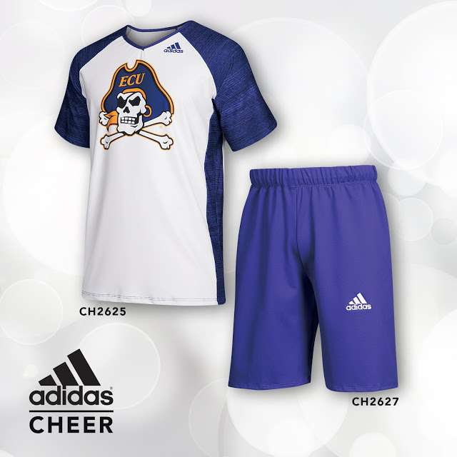 purple and white men's adidas cheerleading uniform shown on a shadow form