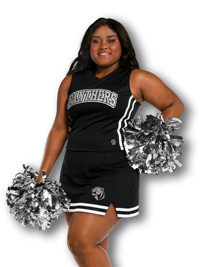 Cheerleader modeling a black and white cheer top that reads PANTHERS with a coordinating cheer skirt