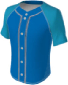 JBS23 jersey design 0012 – blue with thin white and navy stripe accents on sleeves and either side of the buttons, turquoise raglan sleeves.