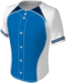JBS23 jersey design 0093 – blue with white curved panels on the sides and navy panels on the chest, and white raglan sleeves with two navy stripes.