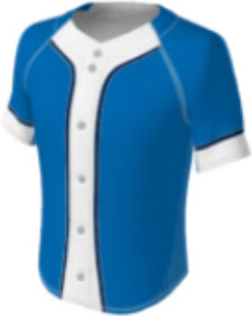 JBS23 jersey design 0127 – blue with white vertical stripe outlined in navy on the body, white thicker stripe with navy accents on the sleeves.