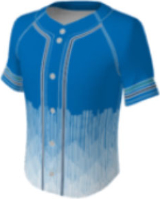 JBS23 jersey design 0646 – blue with white white vertical stripes along hem, navy and white stripes on either side of the button front and turquoise, white, and navy on the sleeves.