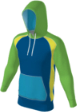 blue JFLH6 custom hoodie design 0051 with raglan sleeves, yellow shoulder accents, and aqua pocket