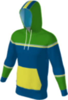 blue JFLH6 custom hoodie design 0185 with horizontal chest, shoulder, and lower sleeve stripes, contrast stripes on hood, and contrast pocket panel