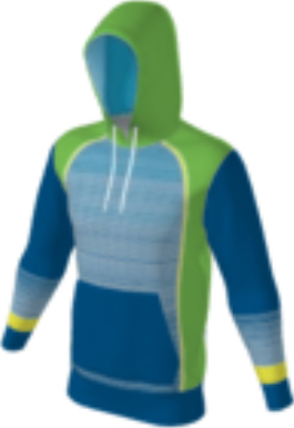 blue JFLH6 custom hoodie design 0185 with horizontal pin stripe front panel and contrast side inserts, horizontal pin stripe sleeves with accent stripe above cuff.