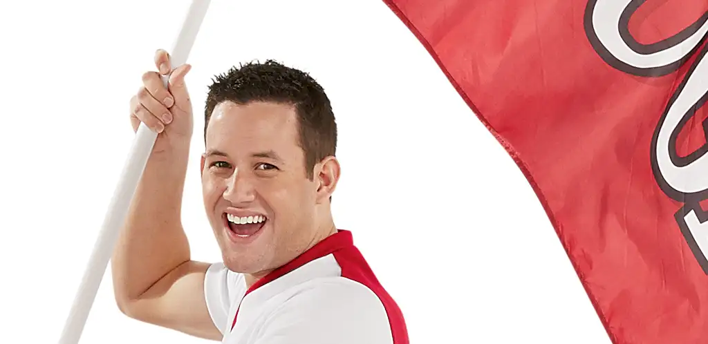 model headshot showing flag pole and flag